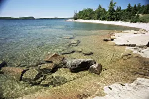 North shore of lake on rocky platform of forested Laurentian Shield, Lake Superior