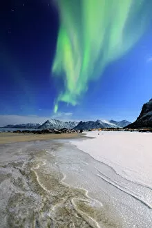 Dramatic Sky Gallery: Northern Lights (aurora borealis) on Gymsoyan sky, Gimsoy, Lofoten Islands, Arctic