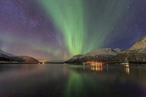 Green Colour Prints: The Northern Lights illuminates the icy sea, Oteren, Storfjorden, Lyngen Alps, Troms