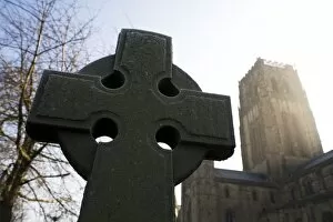 Durham Collection: Northumbrian Cross in front of Durham Cathedral, UNESCO World Heritage Site