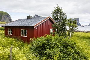 Single Storey Prints: Norwegian summer homes in the town of Vaeroya, Nordland, Norway, Scandinavia, Europe