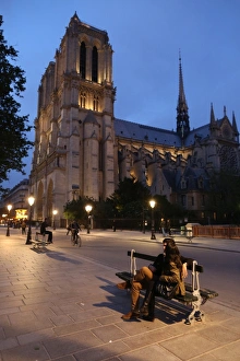 Side Walk Prints: Notre Dame cathedral at night, Paris, France, Europe