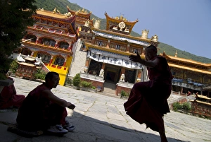 Sichuan Prints: Novice Buddhist monks sparring, Nanwu temple, Kangding, Sichuan, China, Asia