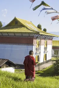 Images Dated 14th October 2008: Novice monk carries offering to Sangachoeling Gompa, the second oldest Gompa in Sikkim