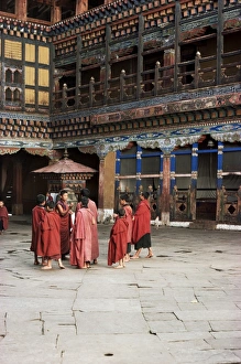 Paro Prints: Novice monks in Rimpong Dzong (monastery), Paro, Bhutan, Asia