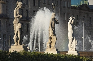 Water Feature Prints: Three nude statues with fountain, Placa de Lesseps, Barcelona, Catalunya, Spain, Europe