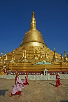 Pegu Prints: Nun, Shwemawdaw Pagoda, Bago (Pegu), Myanmar (Burma), Asia