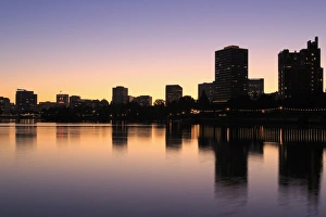 Oakland skyline and Lake Merritt, Oakland, California, United States of America, North America