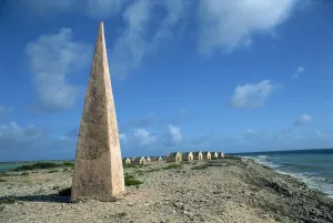 Antilles Prints: An obelisk on the beach to guide ships in up the salt