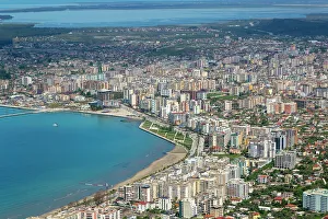 Albania Prints: Oblique aerial view of city of Vlore, Albania, Europe