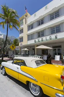 Parked Prints: Ocean Drive, classic American car and Art Deco architecture, Miami Beach, Miami, Florida