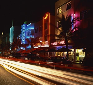 Hotels Prints: Ocean Drive illuminated with hotel neon signs, Art Deco District, Miami Beach