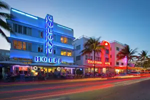 Restaurant Prints: Ocean Drive restaurants and Art Deco architecture at dusk, South Beach, Miami Beach