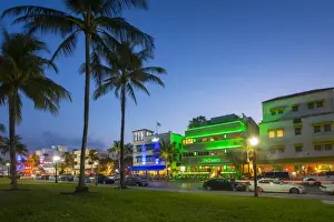 Ocean Drive restaurants and Art Deco architecture at dusk, South Beach, Miami Beach