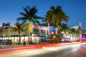 Restaurant Prints: Ocean Drive restaurants and Art Deco architecture at dusk, South Beach, Miami Beach