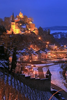 Saar Valley Prints: Od town with castle in winter, Saarburg, Saar Valley, Rhineland-Palatinate