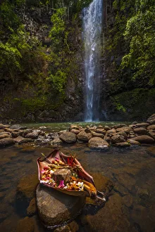 Religious Offering Prints: An offering is made to the gods at this sacred pool, Hawaii, United States of America