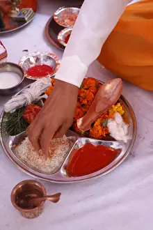Offerings Prints: Offerings for Puja in a Hindu temple, Haridwar, India, Asia