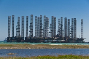 Central Asia Prints: Offshore oil rigs at the Baku Bay, near Baku, Azerbaijan, Central Asia, Asia