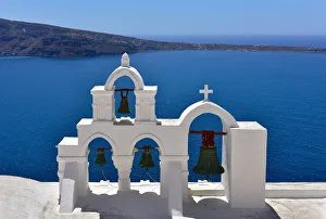 Oia Church overlooking the blue sea, Oia, Santorini, Cyclades, Aegean Islands, Greek