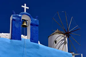 Greek Orthodox Prints: Oia Church and Windmill, Oia, Santorini, Cyclades, Aegean Islands, Greek Islands, Greece