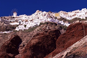 Oia village and red volcanic rocks