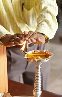 Oil lamp in Hindu temple, Dubai, United Arab Emirates, Middle East