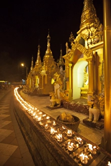 Gold Colour Prints: Oil lamps, Shwedagon Pagoda, Yangon (Rangoon), Myanmar (Burma), Asia
