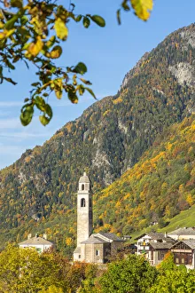 Soglio Prints: Old bell tower and church in the autumnal landscape, Soglio, Val Bregaglia