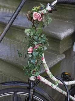Old bicycle with flowers resting against stone steps, Amsterdam, Netherlands, Europe