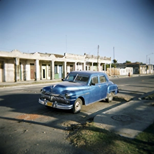 Fish Eye Lens Prints: Old blue American car, Cienfuegos, Cuba, West Indies, Central America