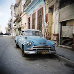 Crash Prints: Old blue American car, Cienfugeos, Cuba, West Indies, Central America