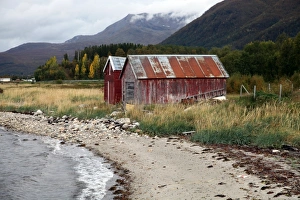 Rusty Prints: Two old boat sheds, Balsfjord, Troms, North Norway, Norway, Scandinavia, Europe