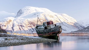 Wreck Prints: Old boat wreck at Caol with Ben Nevis in the background
