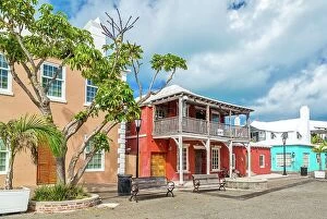 Bench Collection: Old buildings in the historic King's Square, St. George's, original capital of the island