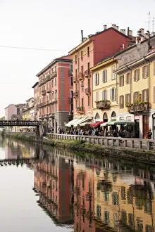 Adults Prints: Old buildings reflected in the Naviglio Grande, Milan, Lombardy, Italy, Europe