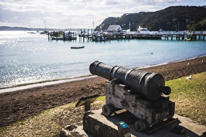 Defence Prints: Old cannon used to defend Russell in 1845, Bay of Islands, Northland Region, North Island