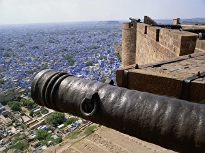 Guns Prints: Old cannon and view over Old City from Fort, Jodhpur, Rajasthan state, India, Asia