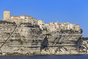 Clifftop Prints: Old citadel, with Aragon steps, atop cliffs, from the sea, Bonifacio, Corsica, France