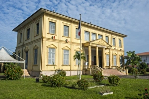 Flagpole Prints: Old colonial buildings in Saint Laurent du Maroni, French Guiana, Department of France