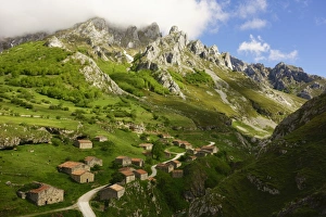 Asturias Prints: Old farmhouses near Sotres, Picos de Europa, Parque Nacional de los Picos de Europa