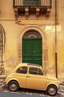 Sicily Prints: Old Fiat 500 parked in street, Noto, Sicily, Italy, Europe