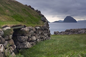 Turf Prints: Old fisherman hut and Koltur island, from Kirkjubour, Streymoy, Faroe Islands (Faroes)