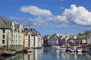 Alesund Prints: Old fishing warehouses in harbour