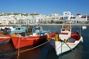 Old harbour and red church, Mykonos Town, Chora, Mykonos Island, Cyclades