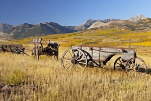 Old horse-drawn wagons with the Rocky Mountains in the Background, near Waterton