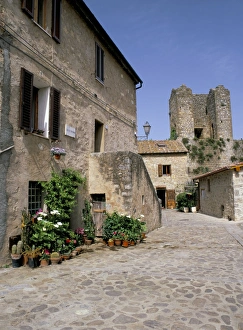 Old house with pots of flowers in the Largo di Fontebranda