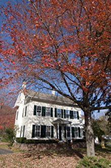 Connecticut Prints: Old house under red folige, Indian summer, Chester, Connecticut, New England