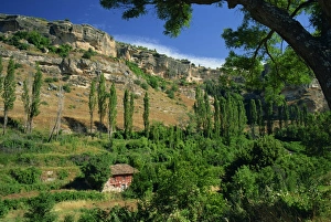 New Castile Prints: Old house among trees with rock cliffs behind