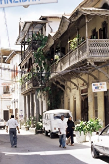 Tanzanian Prints: Old houses in a narrow street, Stone Town, Zanzibar, Tanzania, East Africa, Africa
